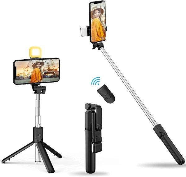 Selfie Stick Tripod R1s Bluetooth Remote Control Tripod Selfie Stick New Model With Wireless Remote Shutter Compatible With All Cell Phones – Selfie Stick With Light